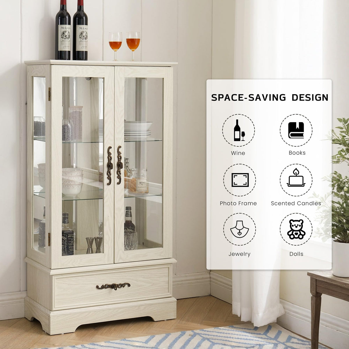 47" Lighted Glass Accent Curio Cabinet, 3-Tier Antique Storage Cage with Adjustable Shelves & Drawer, Acrylic Mirrored Pane, Light Bulb Included, Small China Cabinet for Living Room (Antiqe White)