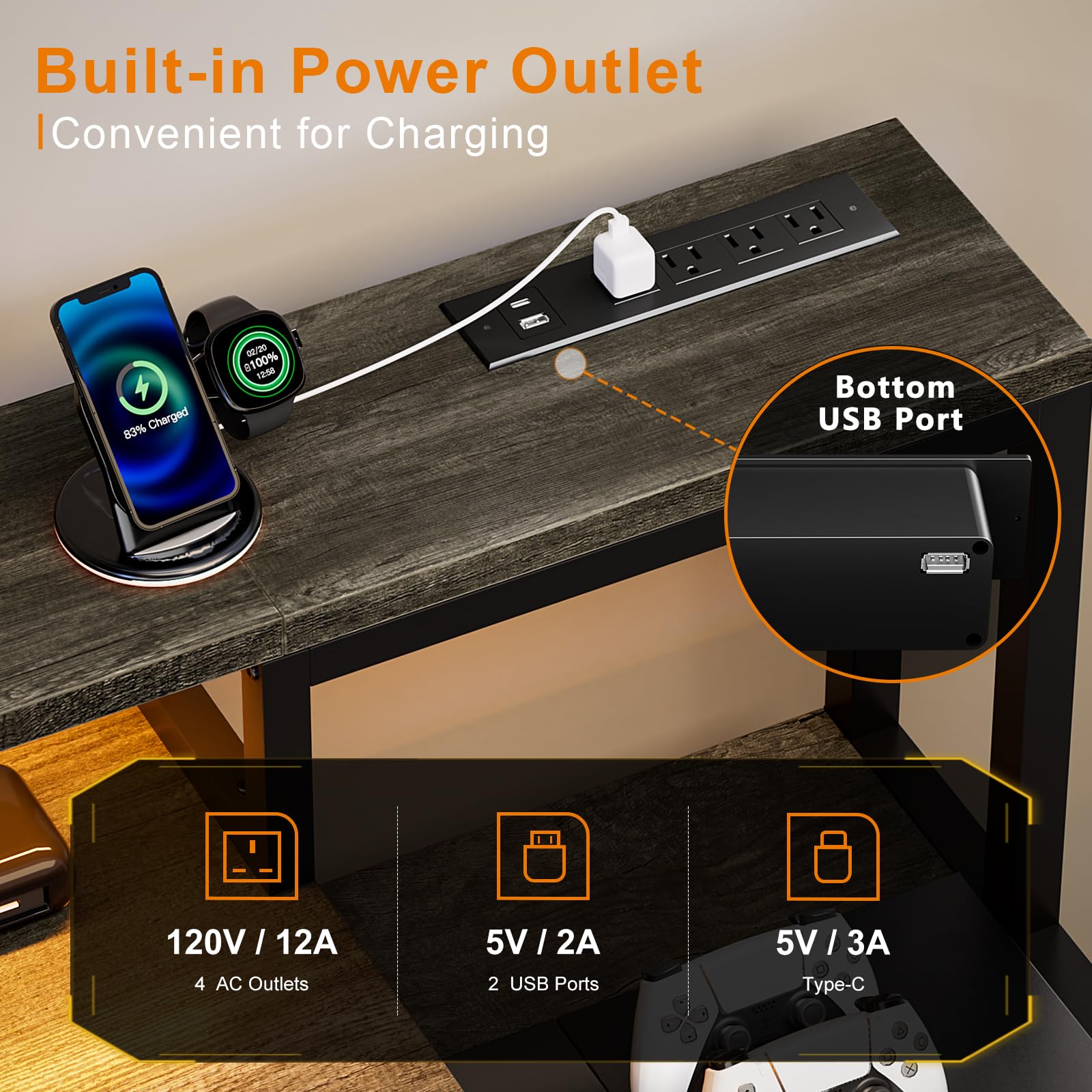 61-Inch Gaming & Computer Desk with Charging Station, LED Lights & Storage