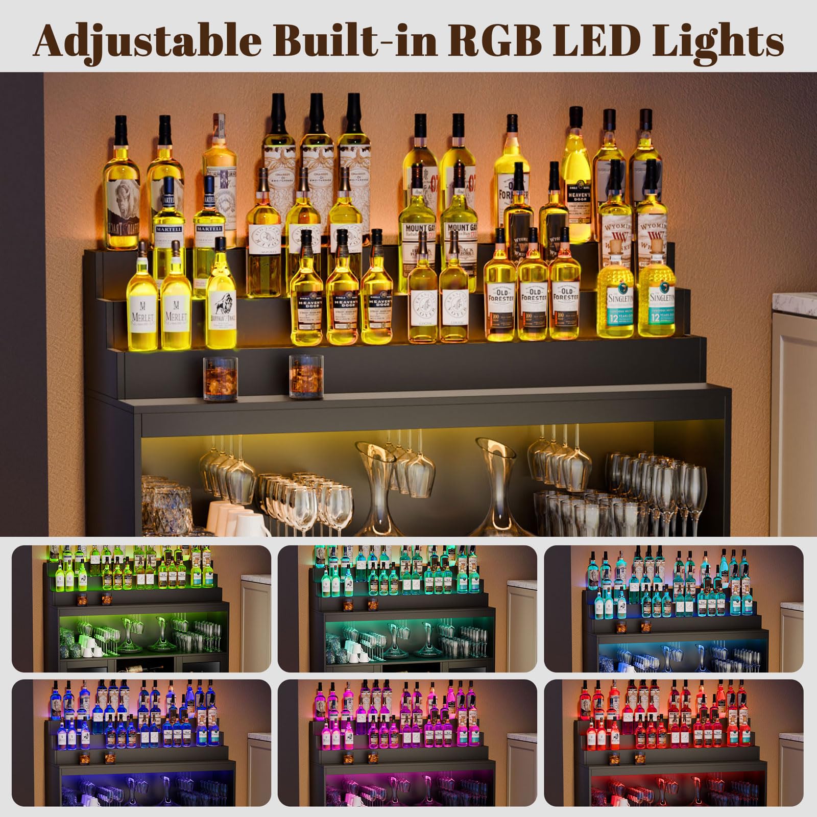 Loomie Wine Bar Cabinet with LED Lighted Liquor Bottle Display Shelf, Liquor Cabinet with Glass Holder, Coffee Bar for Liquor, Storage Buffet with Wine Racks, Wine Cabinet with Door (Black)