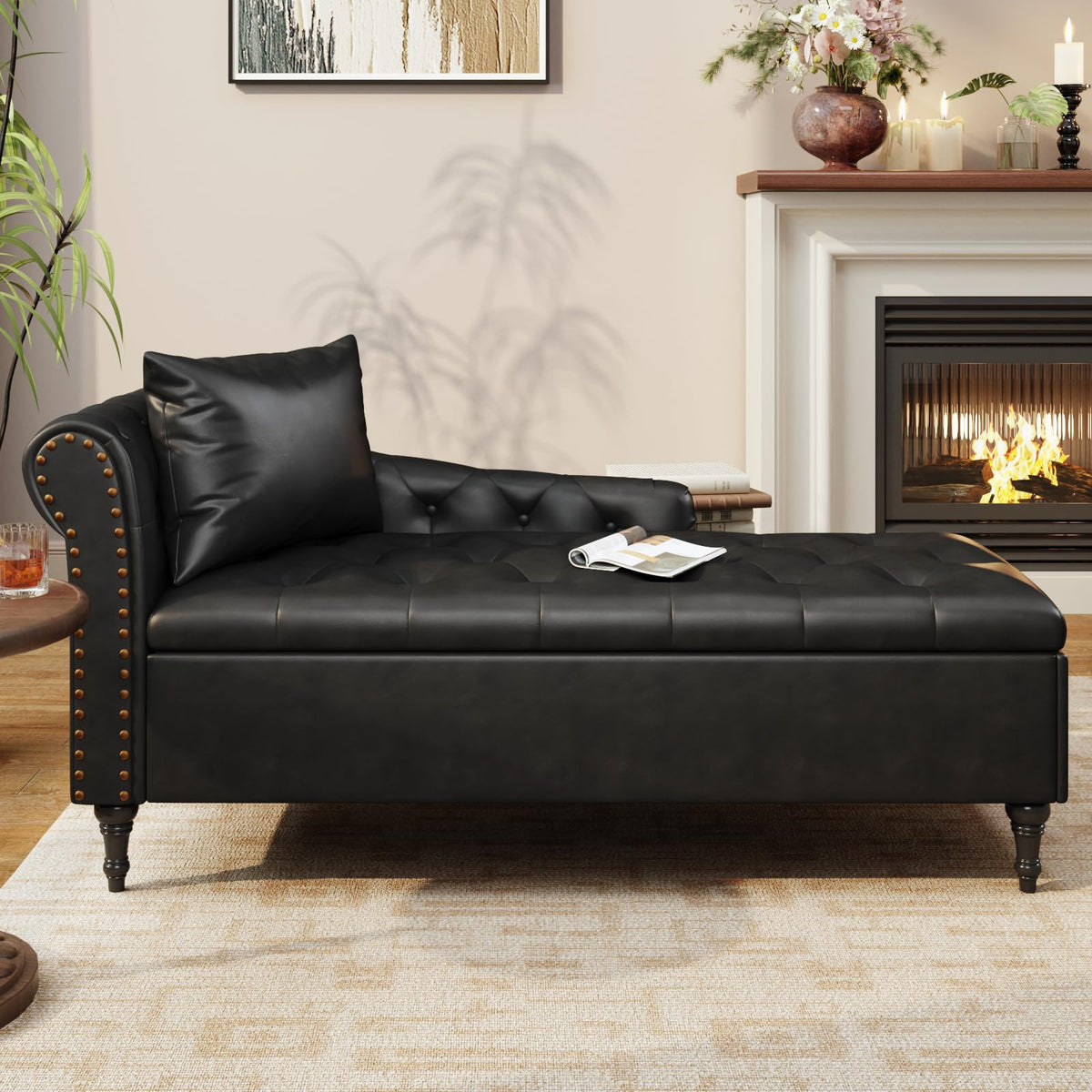 Faux Leather Chaise Lounge Chair with Storage, Left Rolled Armrest, Black