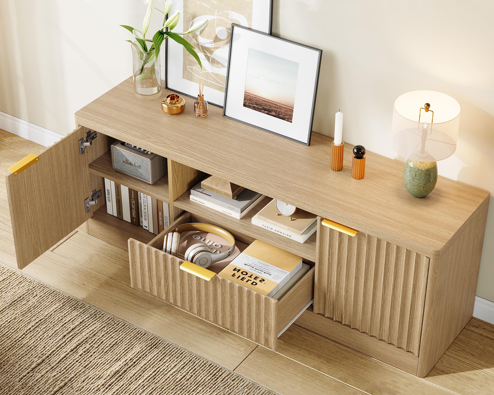 55" Fluted TV Stand with Drawer & Open Shelf