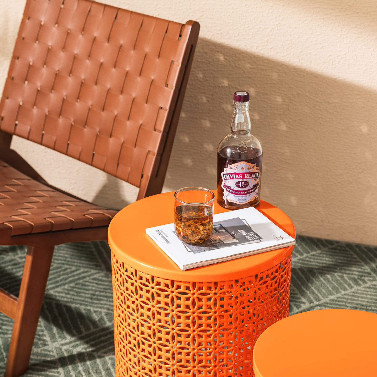 Glitzhome Outdoor Side Table Set of 2, Decorative Garden Stool for Patio Heavy Duty Metal Frame Accent Table Modern End Table, Glossy Orange