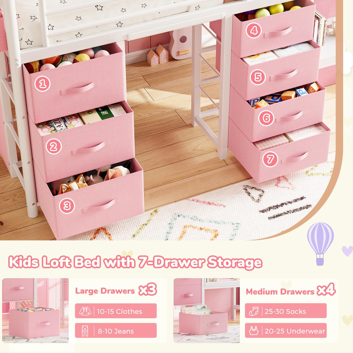 Low Loft Bed Twin Size with 7 Storage Drawers, Desk and LED Lights, Heavy Duty Metal Kids Loft Bed with 13.8" H Safety Guardrail, Anti-Collision Pad, Private Play Curtain, Under-Bed Play Space - Pink