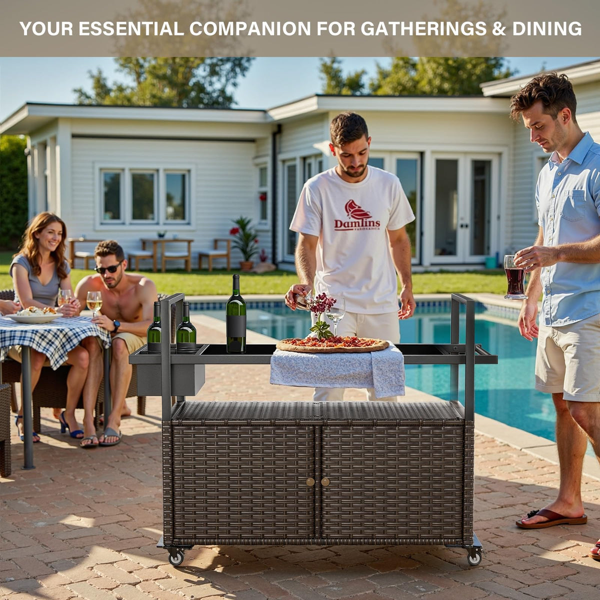 Belord Wicker Outdoor Bar Cart with Storage Cabinet and Four Rolling Wheels Patio Bar Table, Outdoor Buffet Cabinet Movable with Removable Side Basket for Deck Poolside Backyard Brown