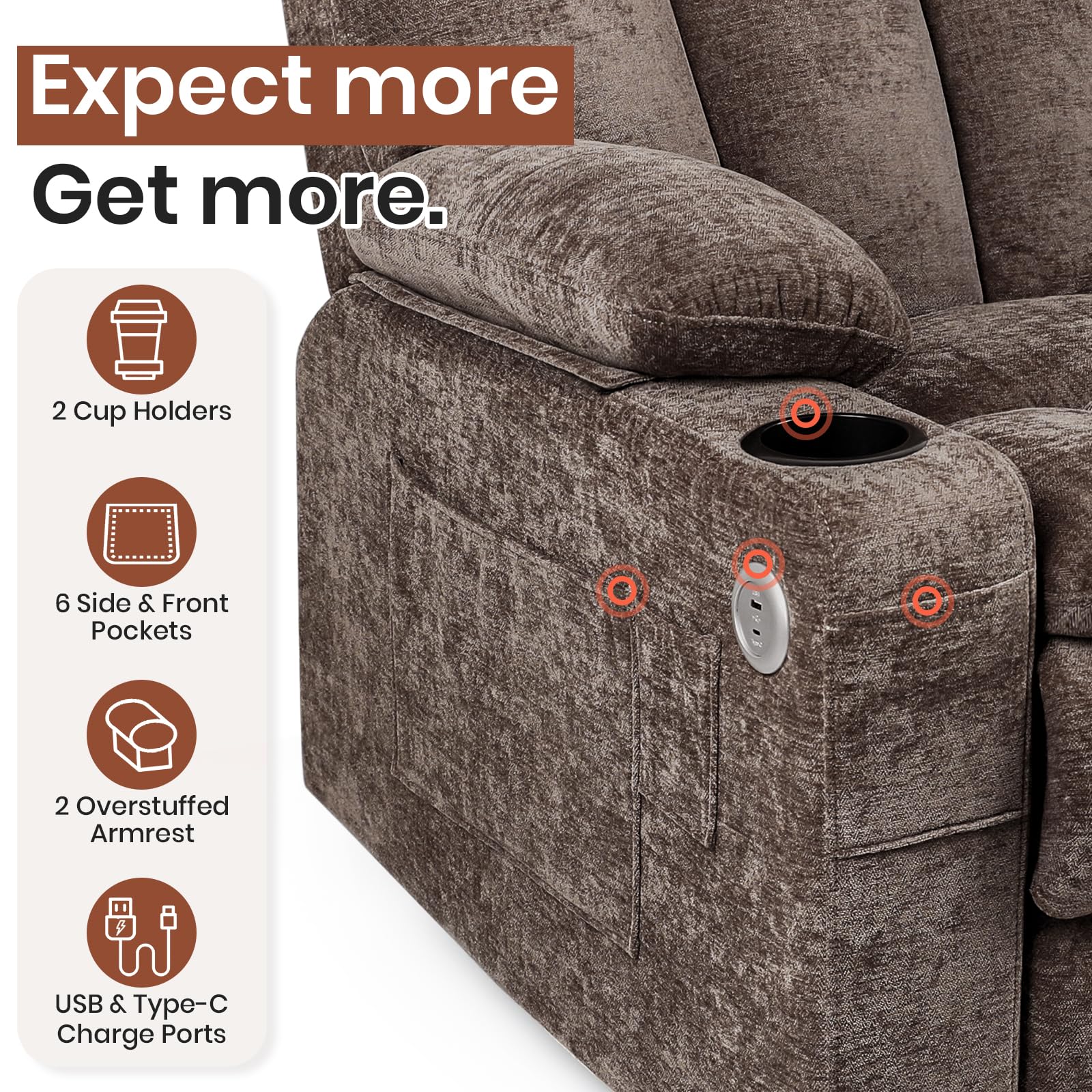 Power Recliner Chair with Wide Seat, USB & Type-C Charging, Dual Remotes