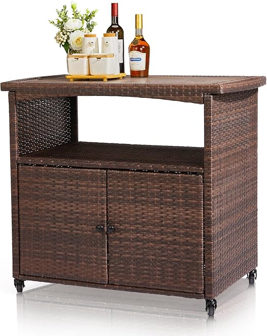 Outdoor Wicker Bar Table with Steel Shelves