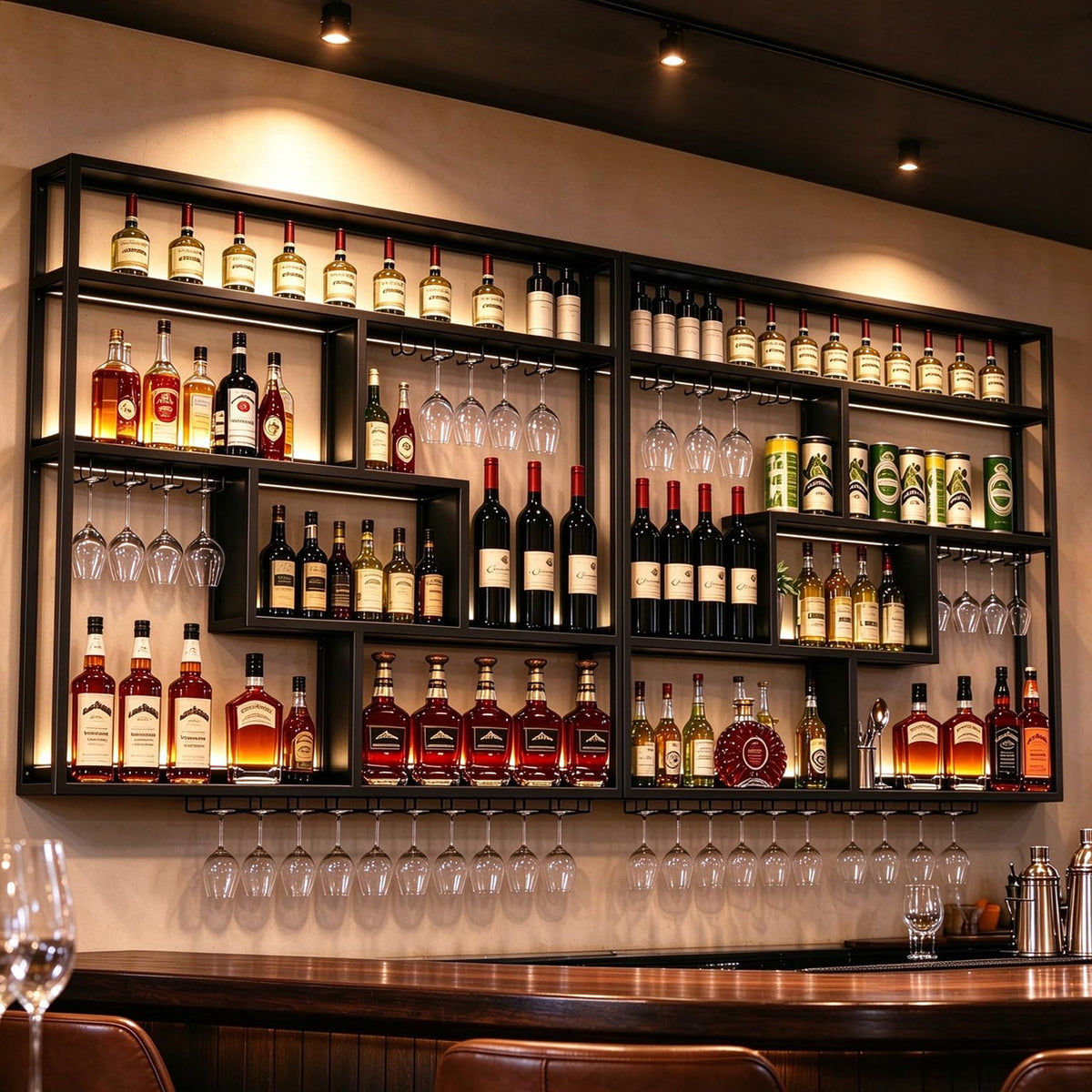 Gold Wall-Mounted Wine Rack with Glass Holder
