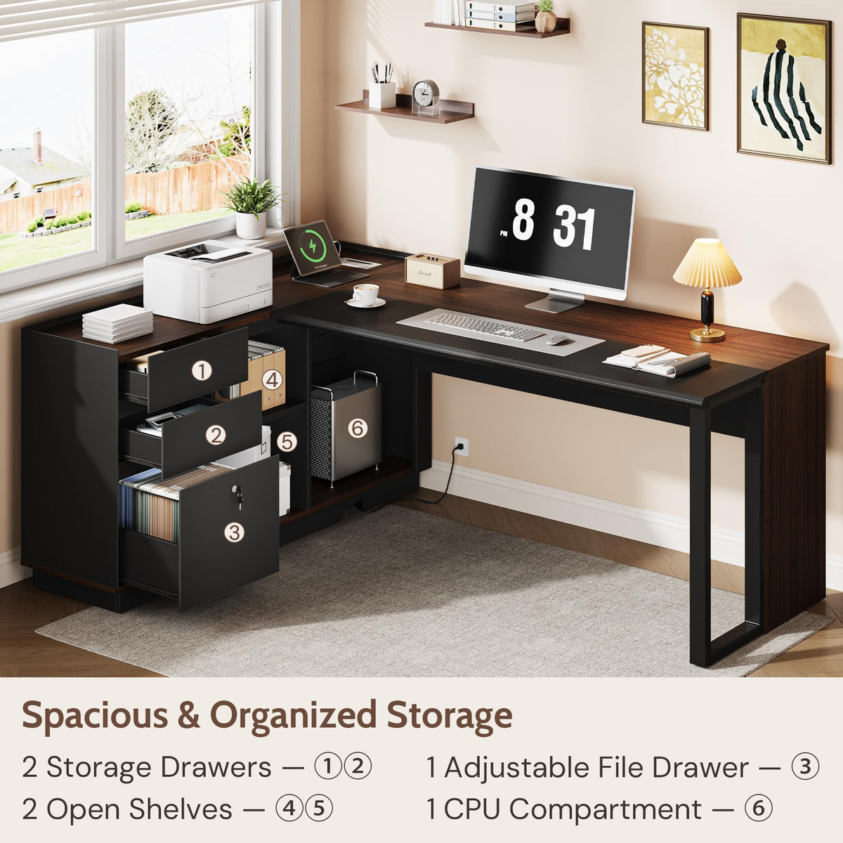 Vividwood 70" Executive Desk with Cabinet Storage, L-Shaped Office Desk with 3 Drawers and Shelves, Large Computer Desk Business Furniture for Home Office (Brown & Black)