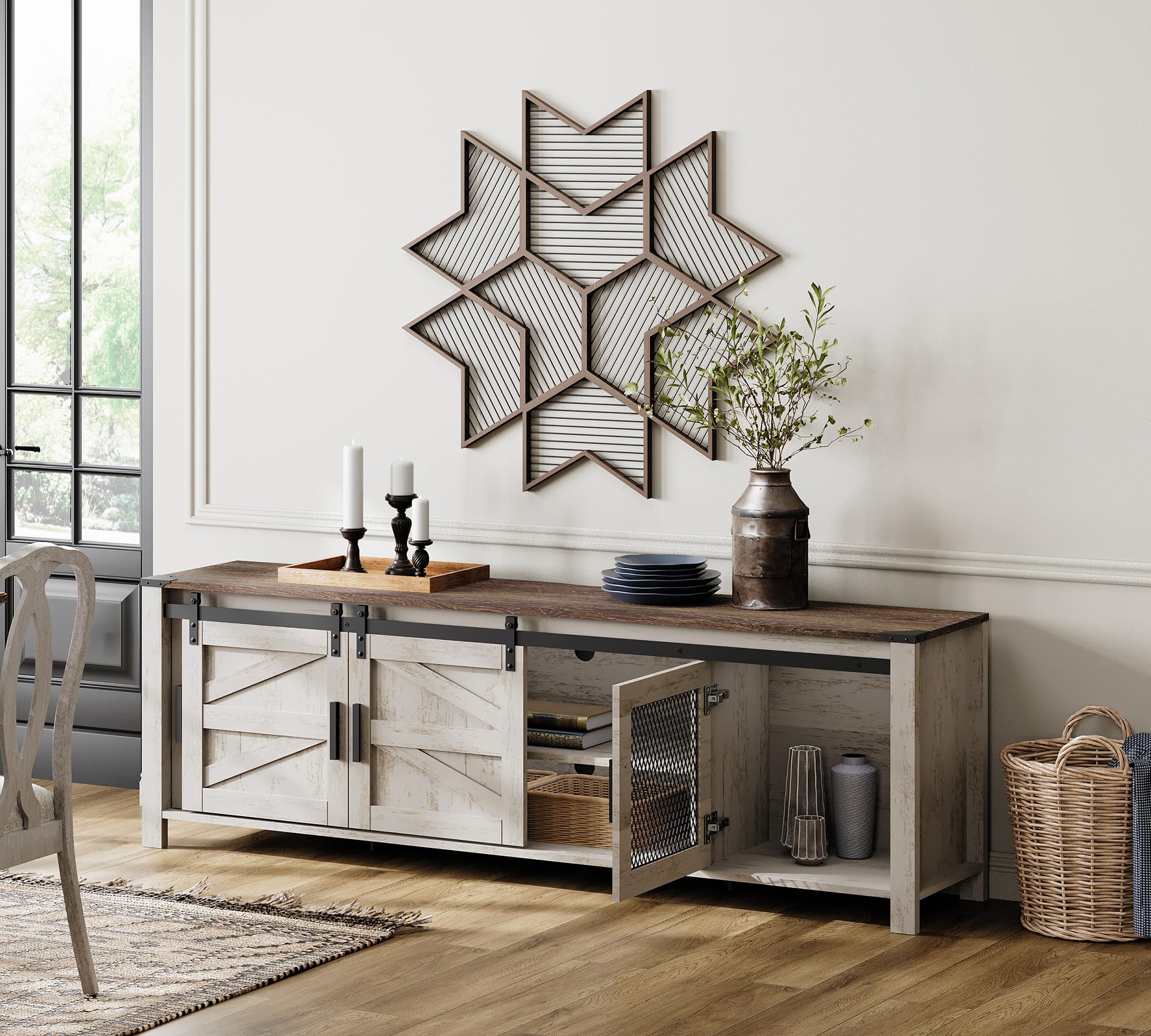 WAMPAT Farmhouse TV Stand for 100 Inch TV with Sliding Barn Door, Set of Two Modern Wood Entertainment Center with Storage Cabinets, Media Console Table for Living Room Bedroom，Rustic Oak and White