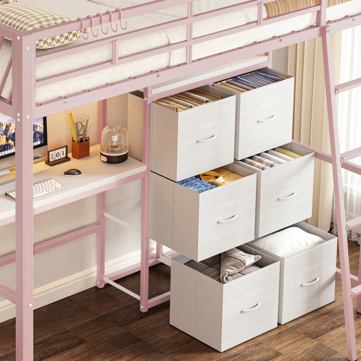 Twin Loft Bed with Desk and 6 Storage Drawers, Charging station & LED, Pink