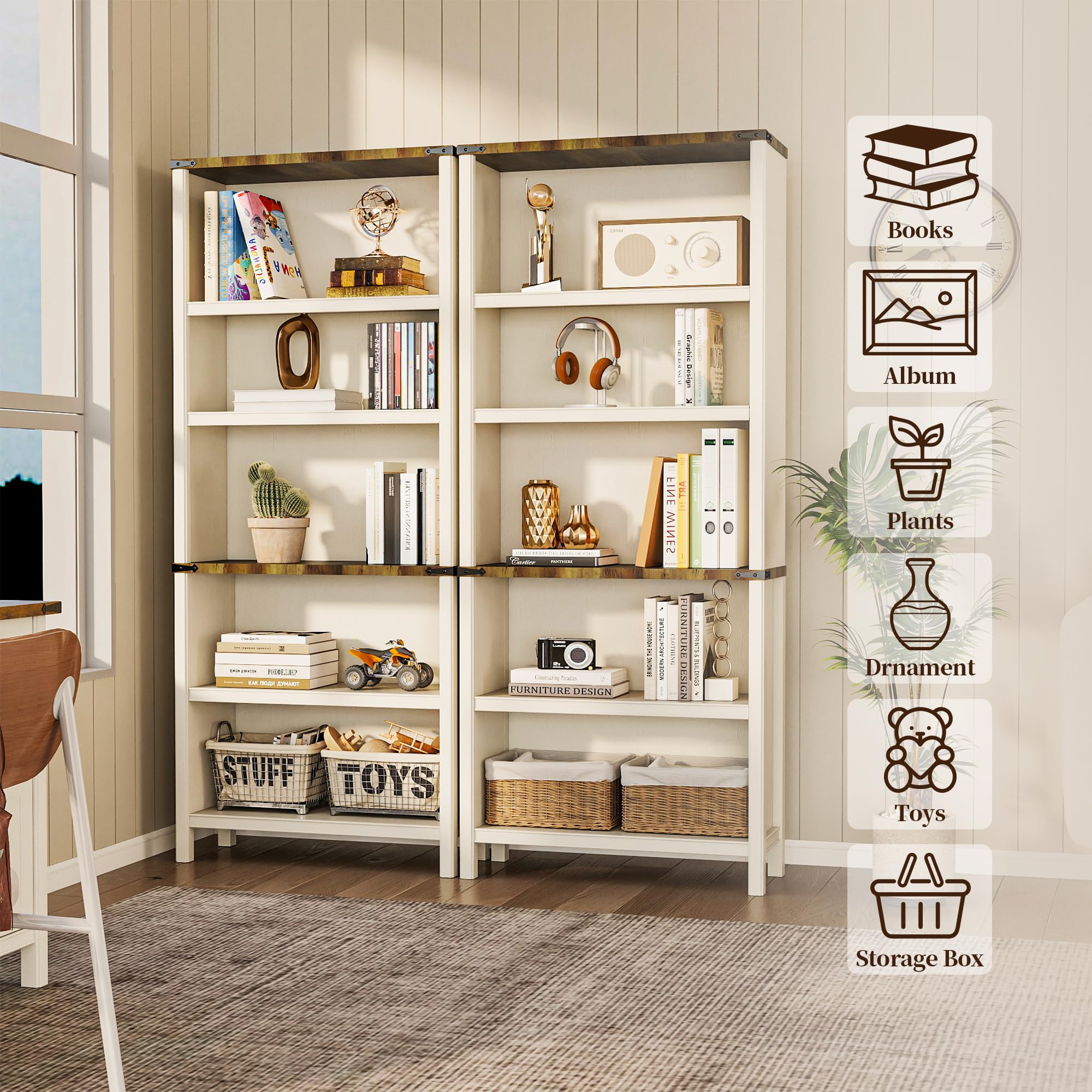 ENOUSHU 3 Pieces Living Room Furniture Sets, 70" TV Stand with LED Lights, Doors and Drawers, 71" Tall Bookcase Set of 2 with Open Display Shelf, Farmhouse Style, Wooden (Antique White)