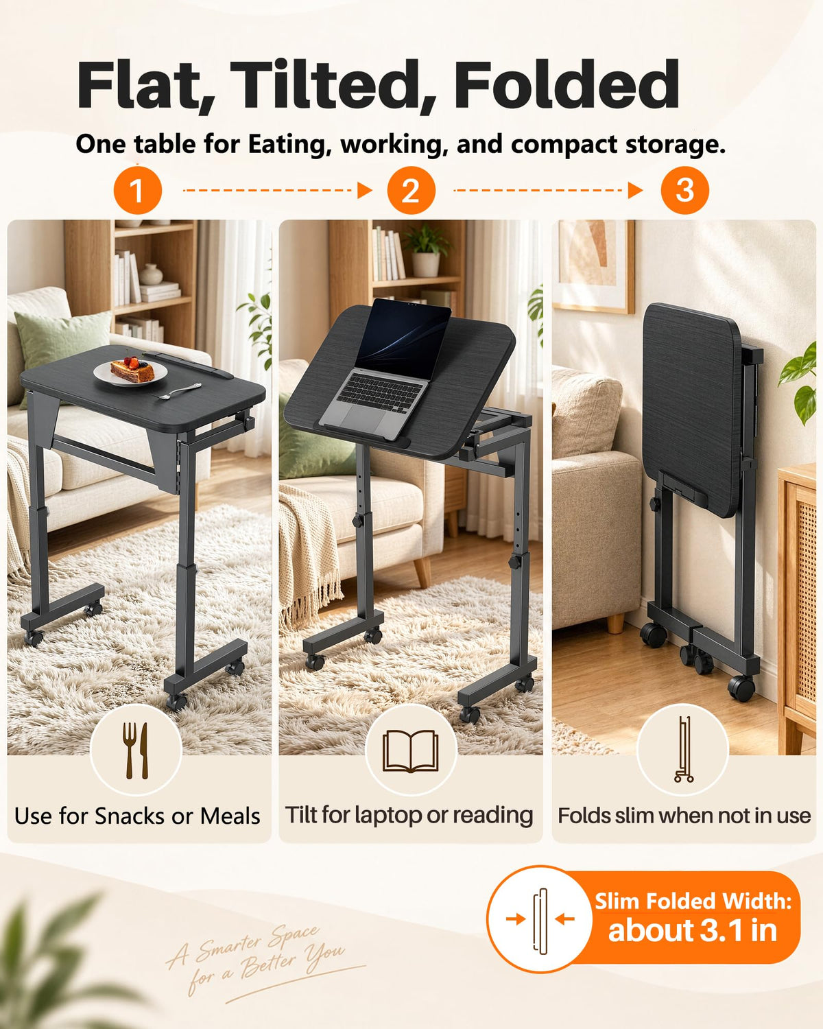 Forjarn Folding TV Tray Table with Wheels, Sturdy TV Dinner Tray for Couch