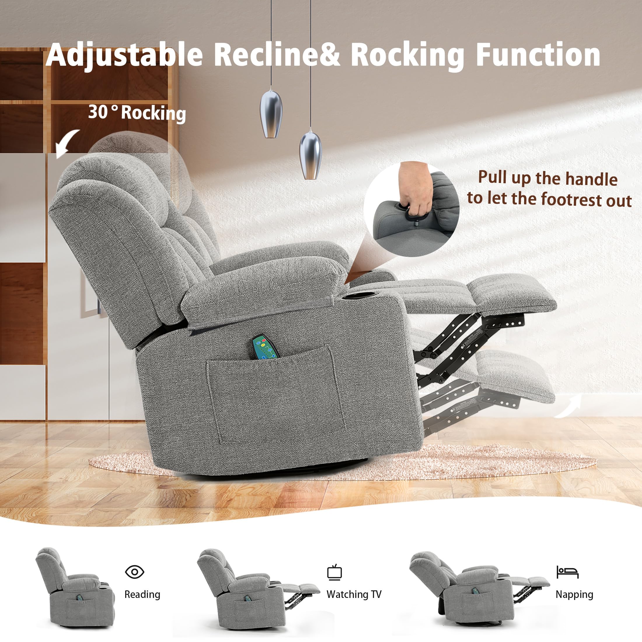Rocker Swivel Recliner Chair with Massage & Heat