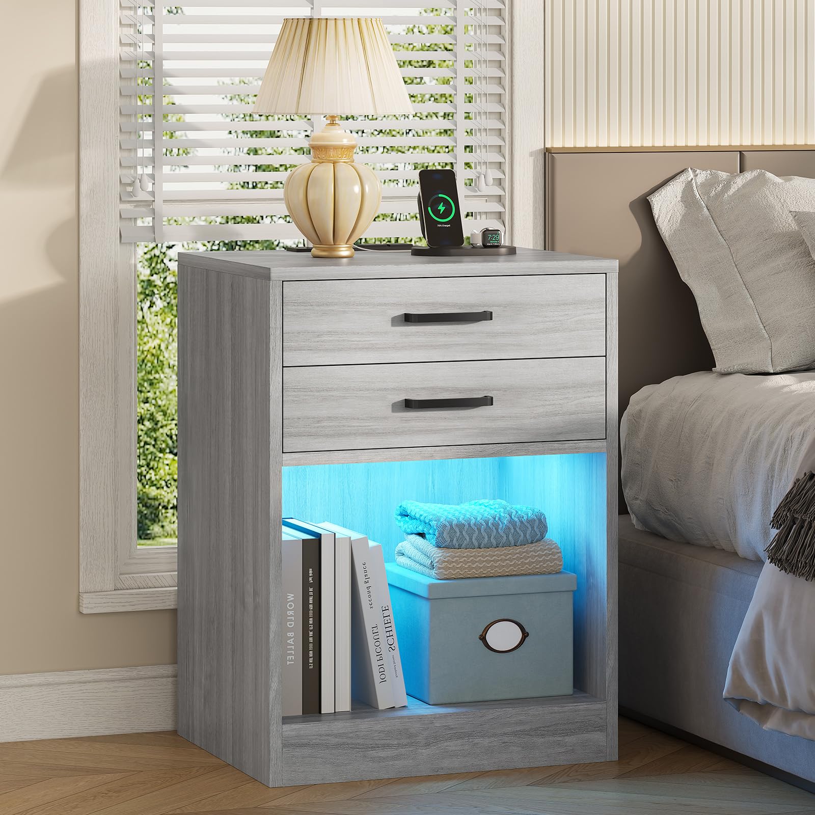ADORNEVE LED Nightstands Set of 2,Night Stands for Bedrooms Set of 2,Nightstand with Charging Station and LED Lights,Bedside Table with Drawers & USB Ports (Grey)