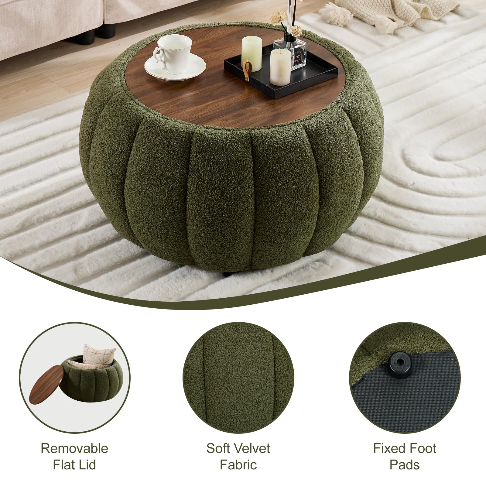 YDcosyfy 30 Inches Round Ottoman Coffee Table with Storage, Upholstered Ottoman in Boucle Teddy Fabric, Wooden Top with Tray, Soft Pumpkin Shape Design,for Living Room, Bedroom, Lounge, Green