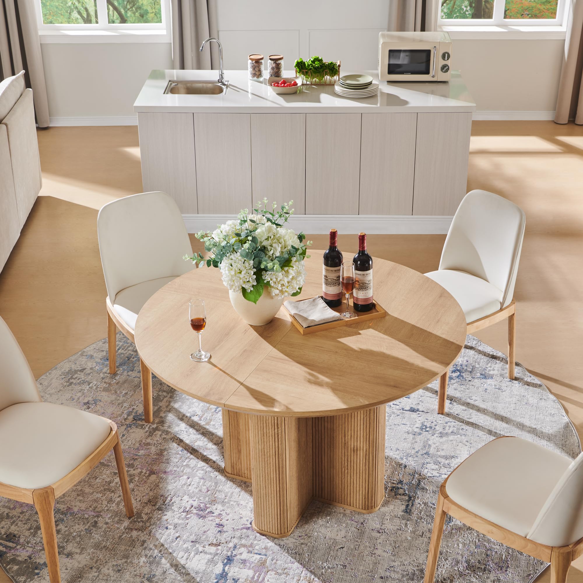 T4TREAM 47" Fluted Round Dining Table for Kitchen Living Room, Natural Oak