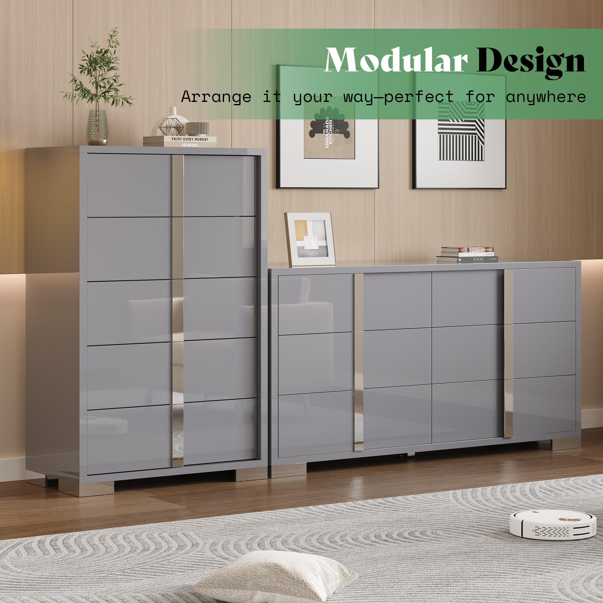 AMERLIFE 5-Piece Modern Bedroom Sets with Queen Size Upholstered Platform Bed Frame, 58" Wingback Headboard, Spacious 6-Drawer Dresser, Tall Chest, and 2 Coordinated Nightstands, Black and Grey