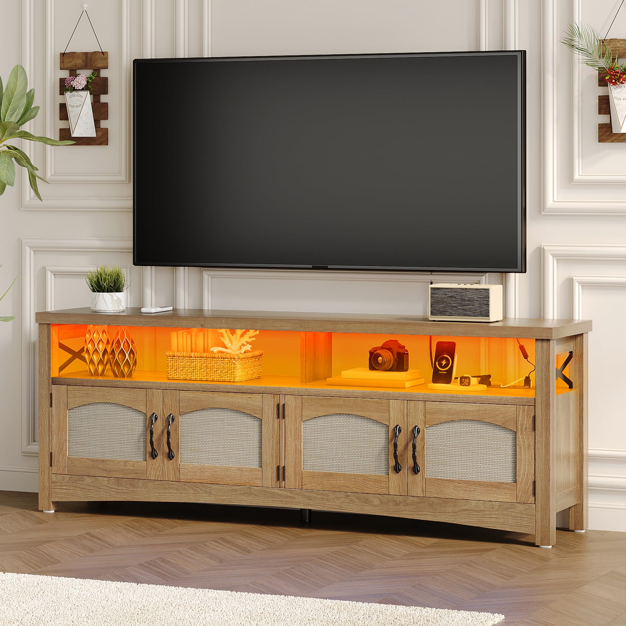 Farmhouse TV Stand with LED Lighting & Storage – 59" Oak
