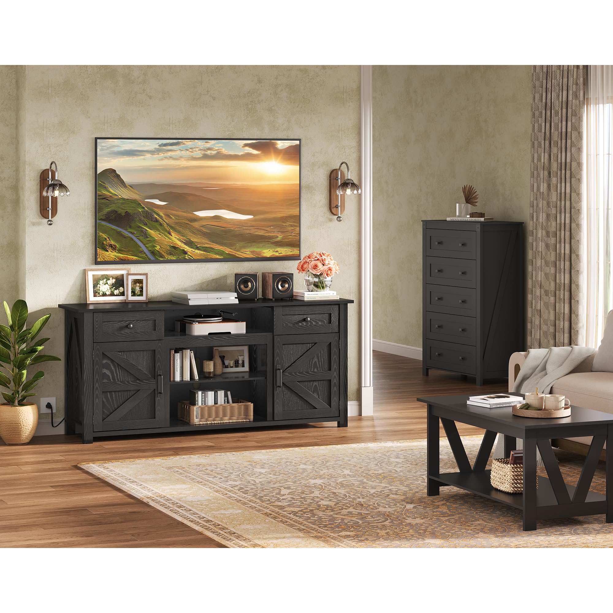 WLIVE TV Stand for 75/70 Inch TV, Entertainment Center with Storage & Power Outlet, Farmhouse Media Console Cabinet with Drawers and Adjustable Shelves for Living Room, Black
