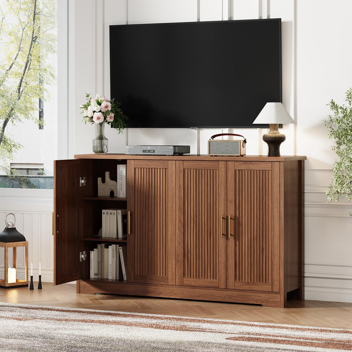55.51" Fluted Sideboard Buffet Cabinet for Dining Room, Kitchen, Walnut