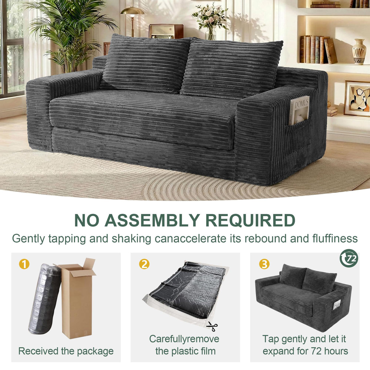 IZLKQC 73" Convertible Sofa Bed, Corduroy Boneless Loveseat Sleeper, Gray