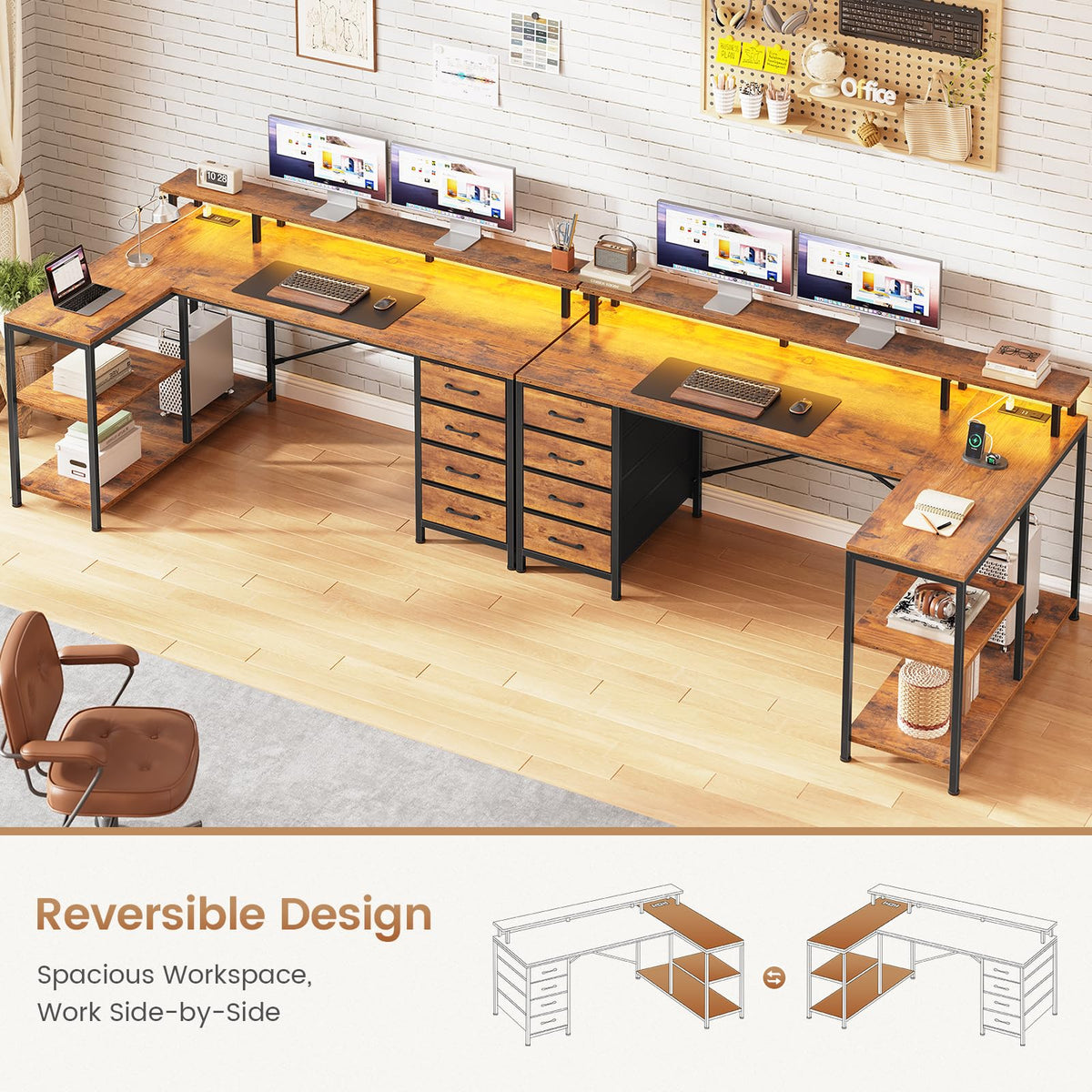 SEDETA L Shaped Desk with 4 Drawers, Shelves, Power Outlets, Rustic Brown