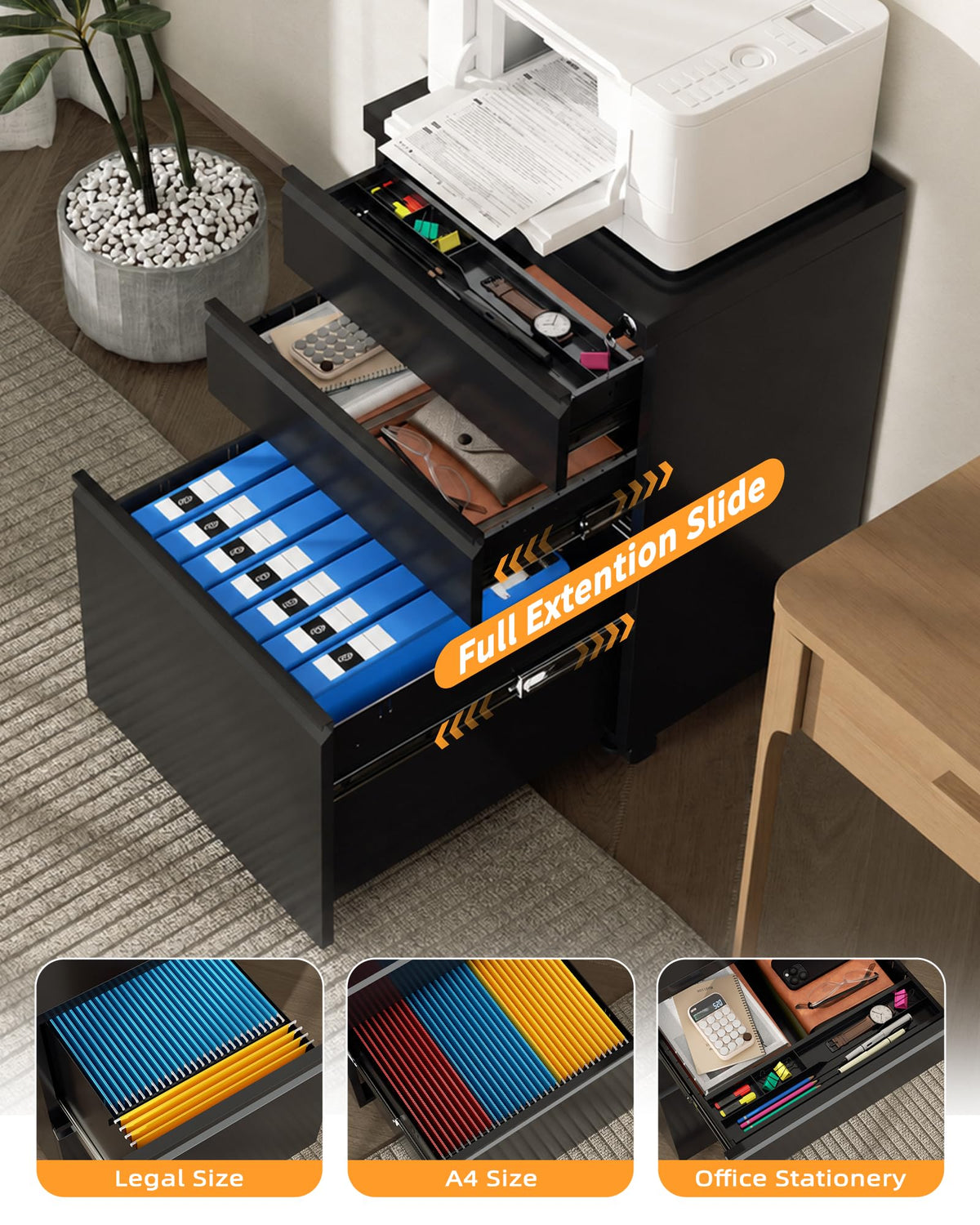 Fully Assembled 3-Drawer Mobile File Cabinet with Lock, Under Desk Storage