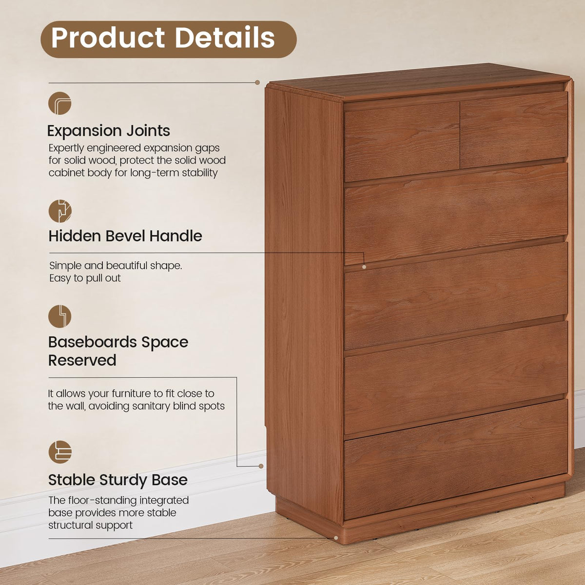 SUCSSRICH Solid Wood Dresser, 45.3" Tall Mid Century Modern Dresser, Brown