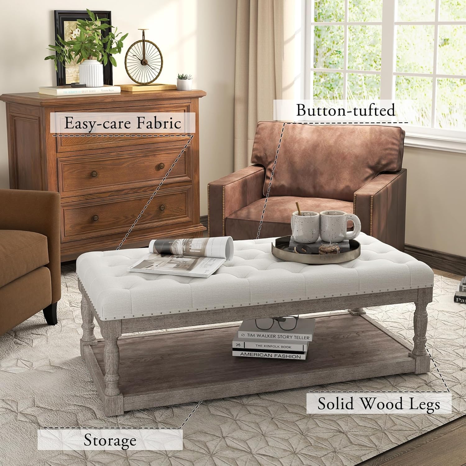 Cuzobro Ottoman Coffee Table, Large Rectangle Ottoman with Storage - Upholstered Cushioned Bench for Living Room, Tufted Linen Fabric with Solid Wood Shelf, Entryway Bench (Beige)