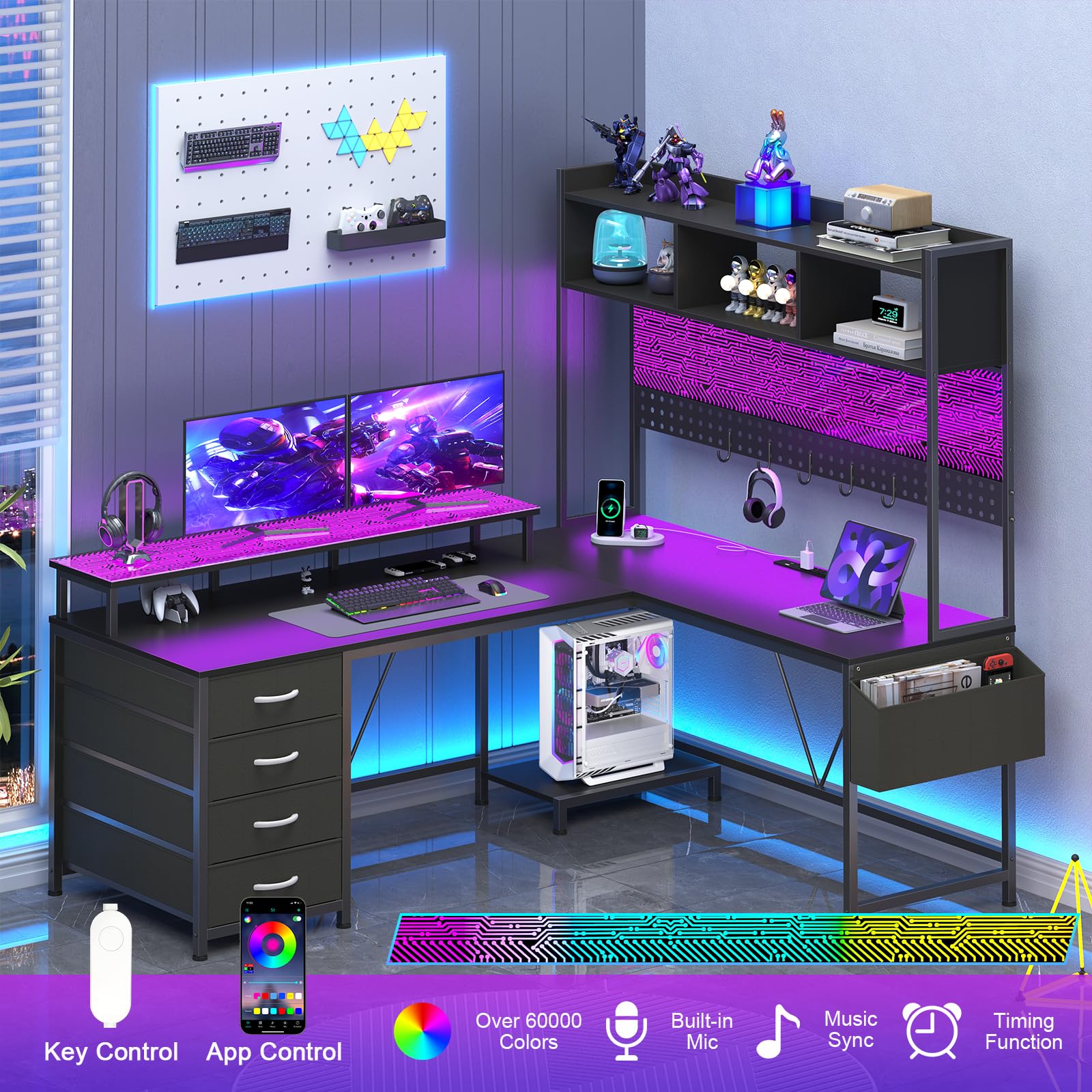Gacfiew L Shaped Gaming Desk with Hutch, Reversible Computer Corner Desk with Drawers, Gaming Desk with LED Lights Panel, Power Outlets, Pegboard and Monitor Stand, Black
