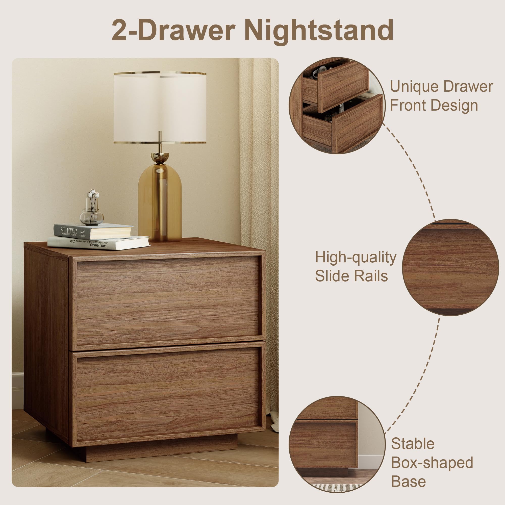 RYWI11OUSE Small Night Stand Set of 2 with 2 Drawers,Modern NightStand with Storage, Bedside Table for Bedroom, Walnut