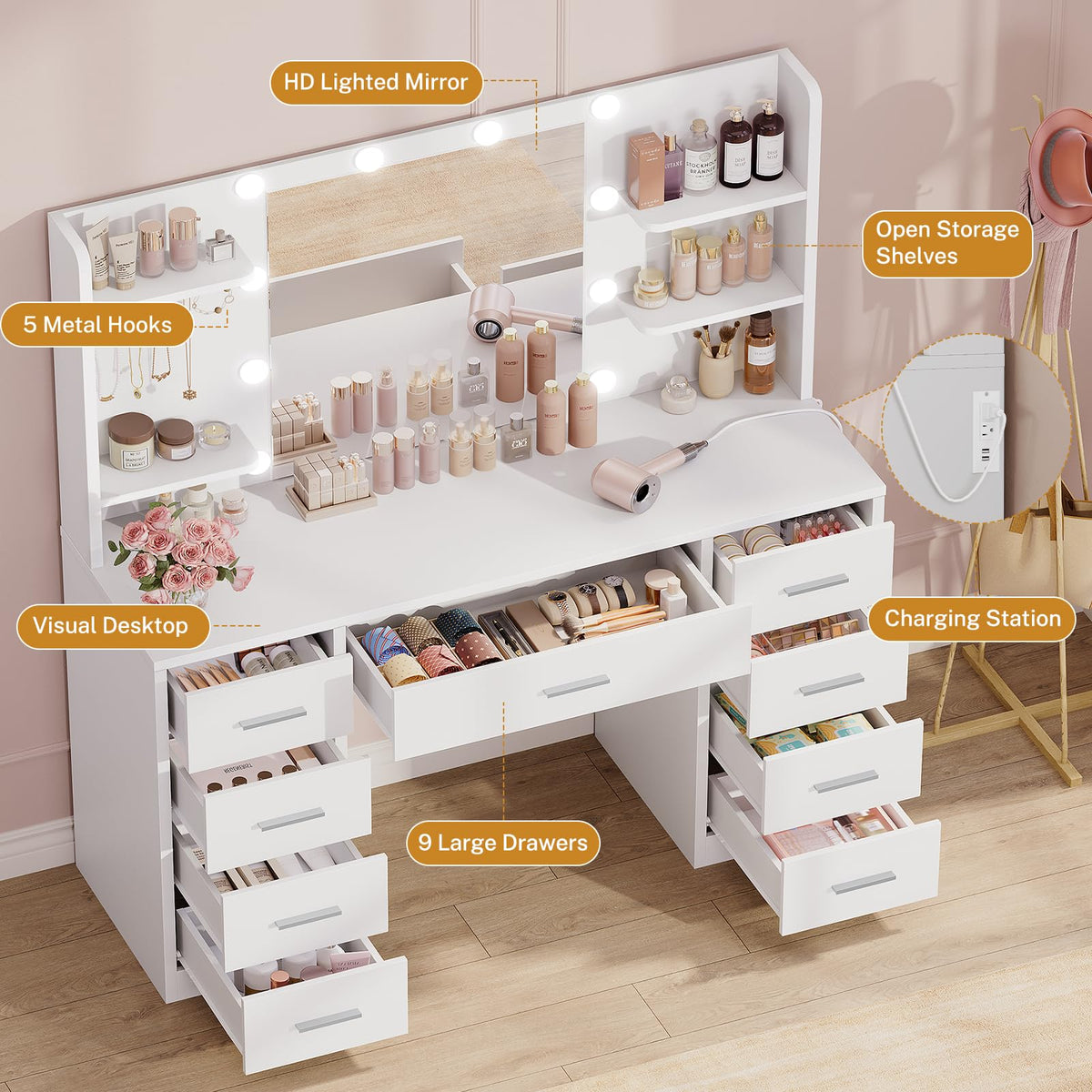 9-Drawer Vanity Desk with Lighted Mirror