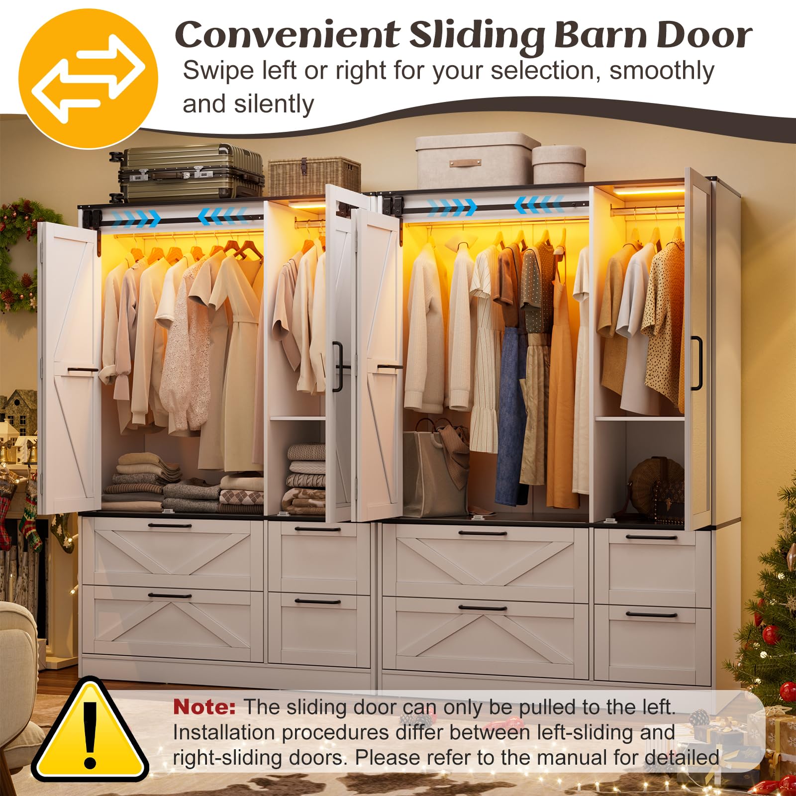 PAKASEPT Armoire Wardrobe Closet with w/Folding Sliding Barn Door, Bedroom Armoires with Mirror and Sensor Lights, Hanging Rod, Wardrobe Closet for Bedroom (19.69" D x 47.24" W x 72.83" H)