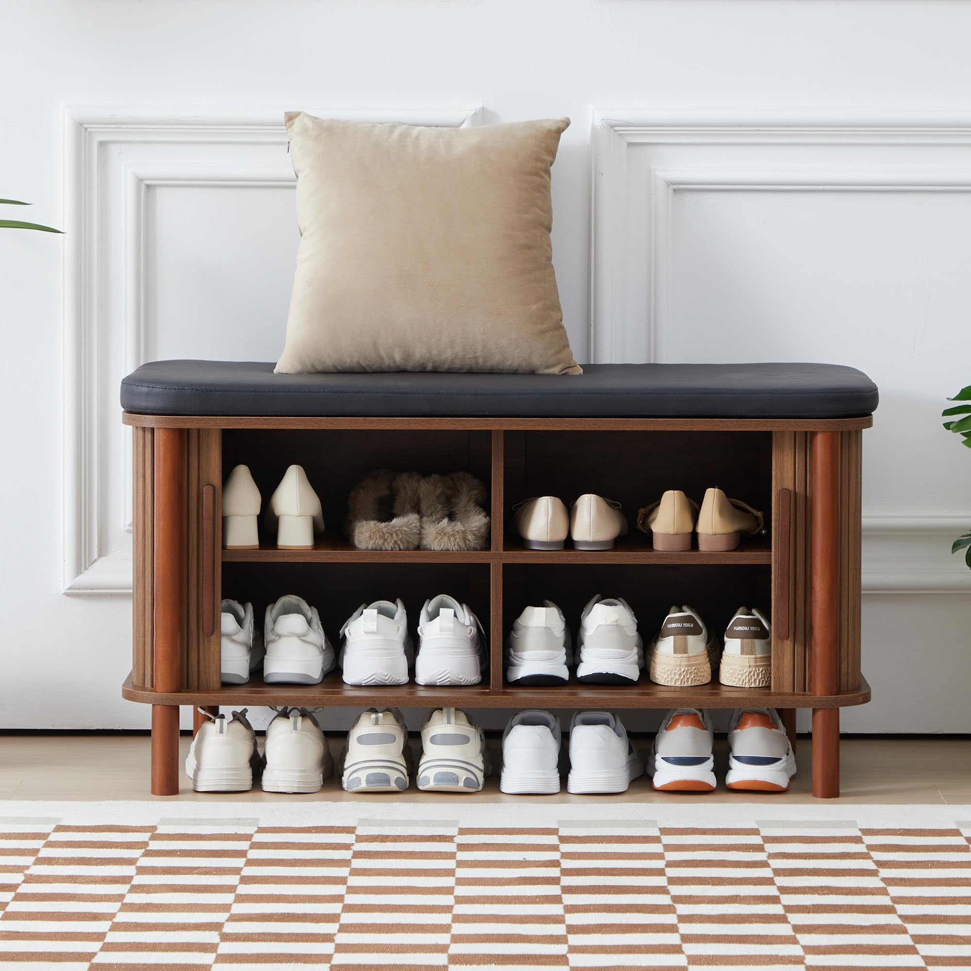Shoe Bench with Sliding Door & Leather Cushion