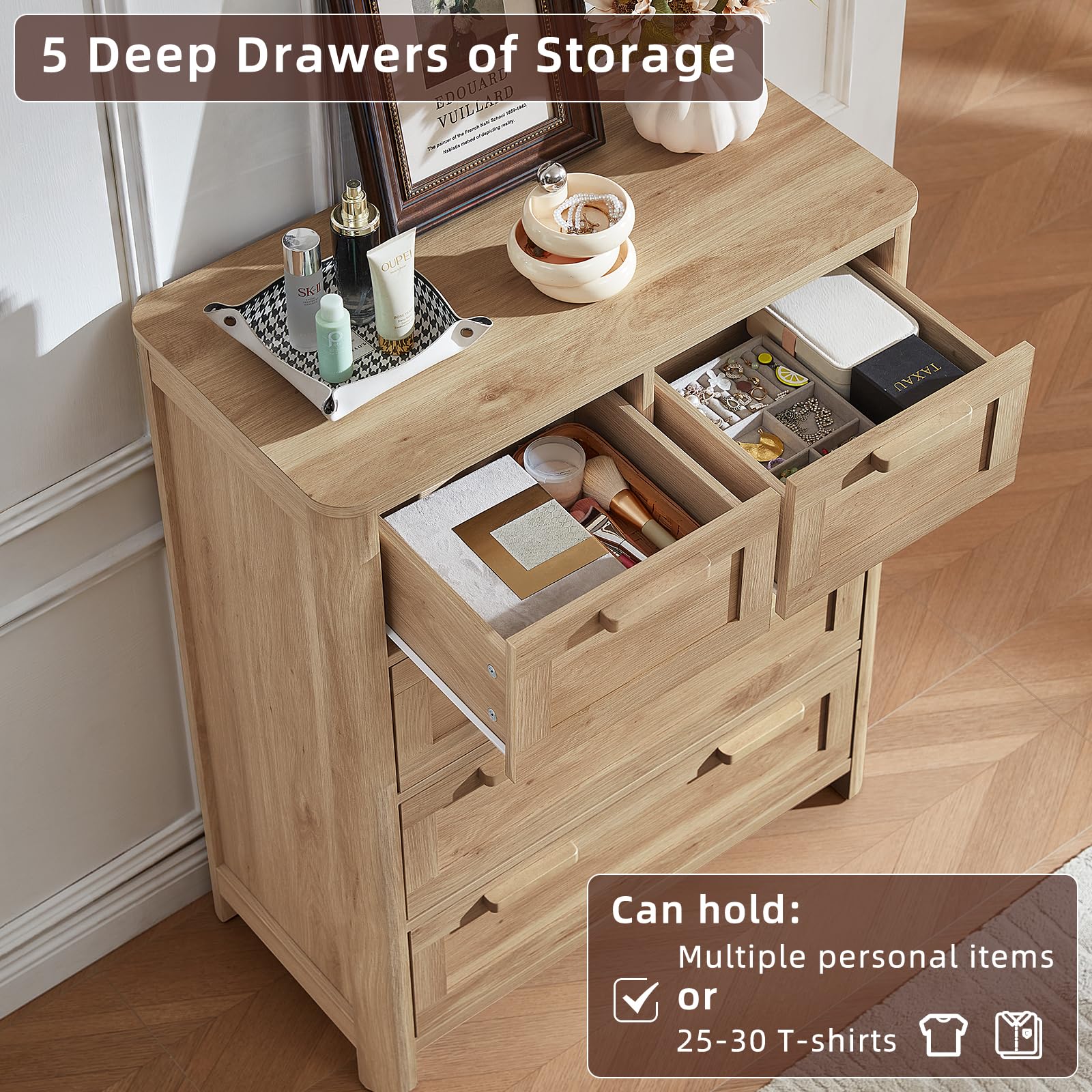 Joaxswe Farmhouse 5 Drawer Dresser for Bedroom, Chest of Drawers with 5 Deep Drawer & 4 Thickened Table Legs, Natural Wood