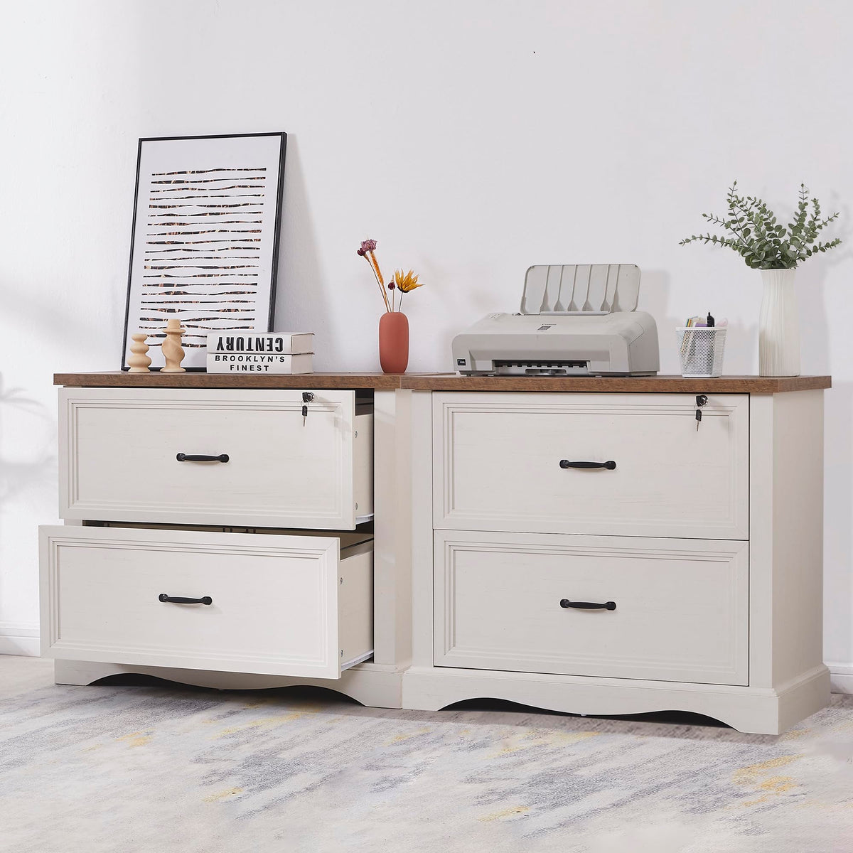 LayBurst 34.6" Farmhouse File Cabinet,Wood File Cabinet with Hanging File Folders,Top Drawer Lockable,Lateral Filing Cabinet for Home Office Compatible with Letter/Legal/A4 Size (2)