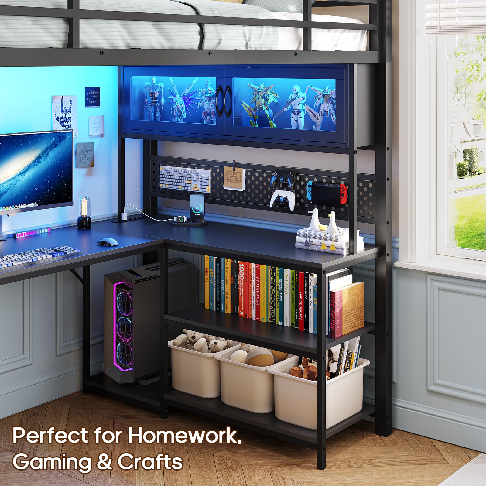 Twin Loft Bed with L-Shaped Gaming Desk & Storage