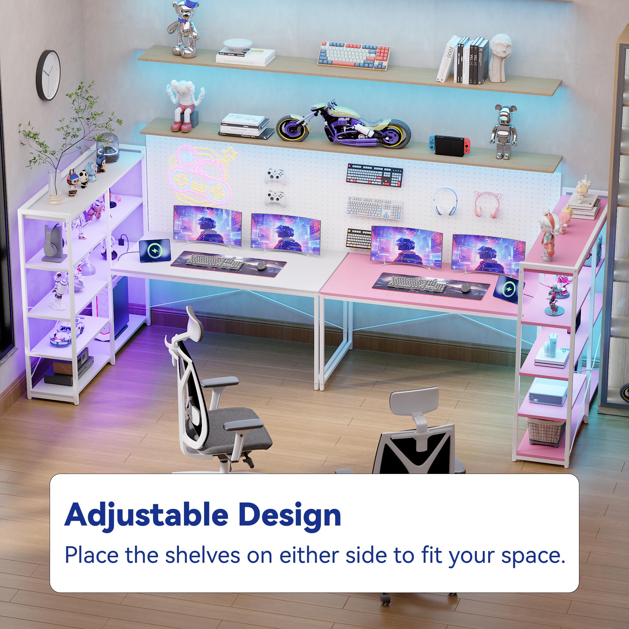 L-Shaped Desk with 5-Tier Shelves, LED Lights & Power Outlet, 49 Inch