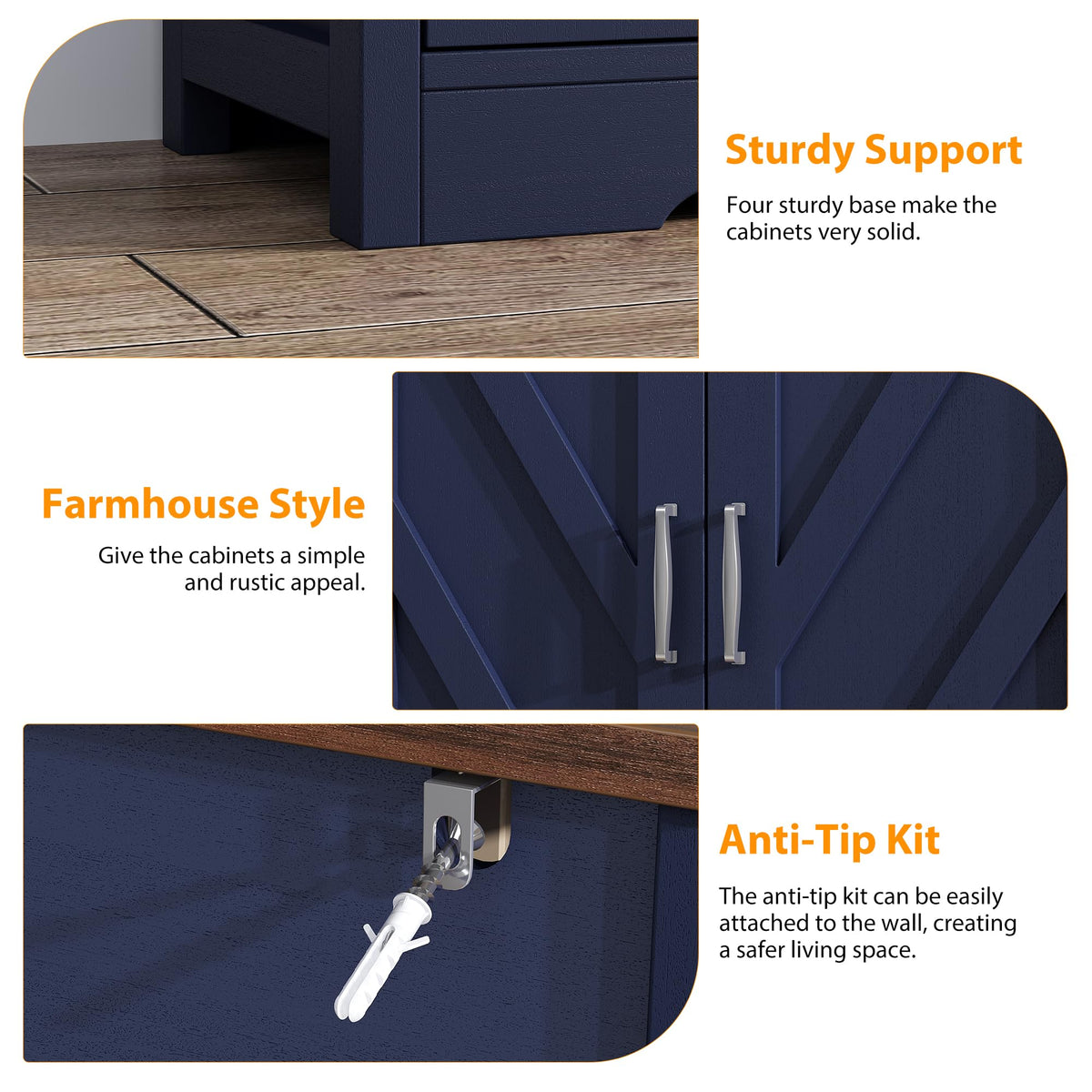 knoworld Sideboard Buffet Cabinet with Storage & Shelves, Farmhouse Kitchen Storage Cabinet Wood Coffee Bar Sideboard Cabinet with 4 Doors for Kitchen, Living Room, Entryway, 47" W Blue