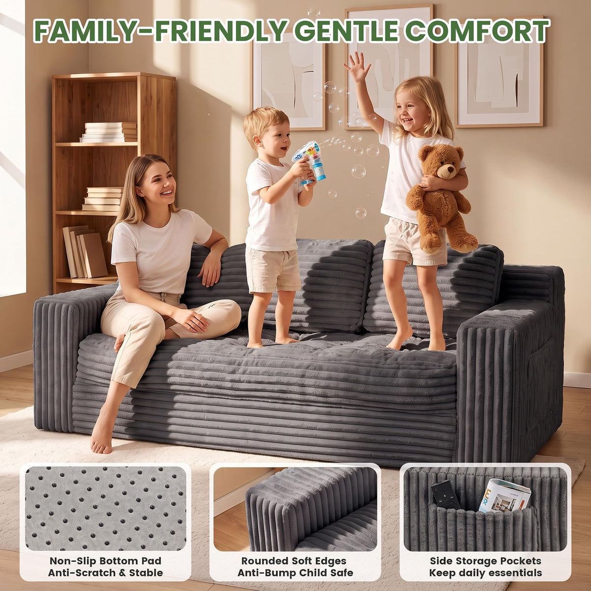 PATAVOT Boneless Corduroy 3 Seater Sofa, High-Density Foam Couch with Side Pockets, Comfy Living Room Sofa for Apartment Bedroom Office Apartment,No Assembly Required, Pet-Friendly Couch (Grey)