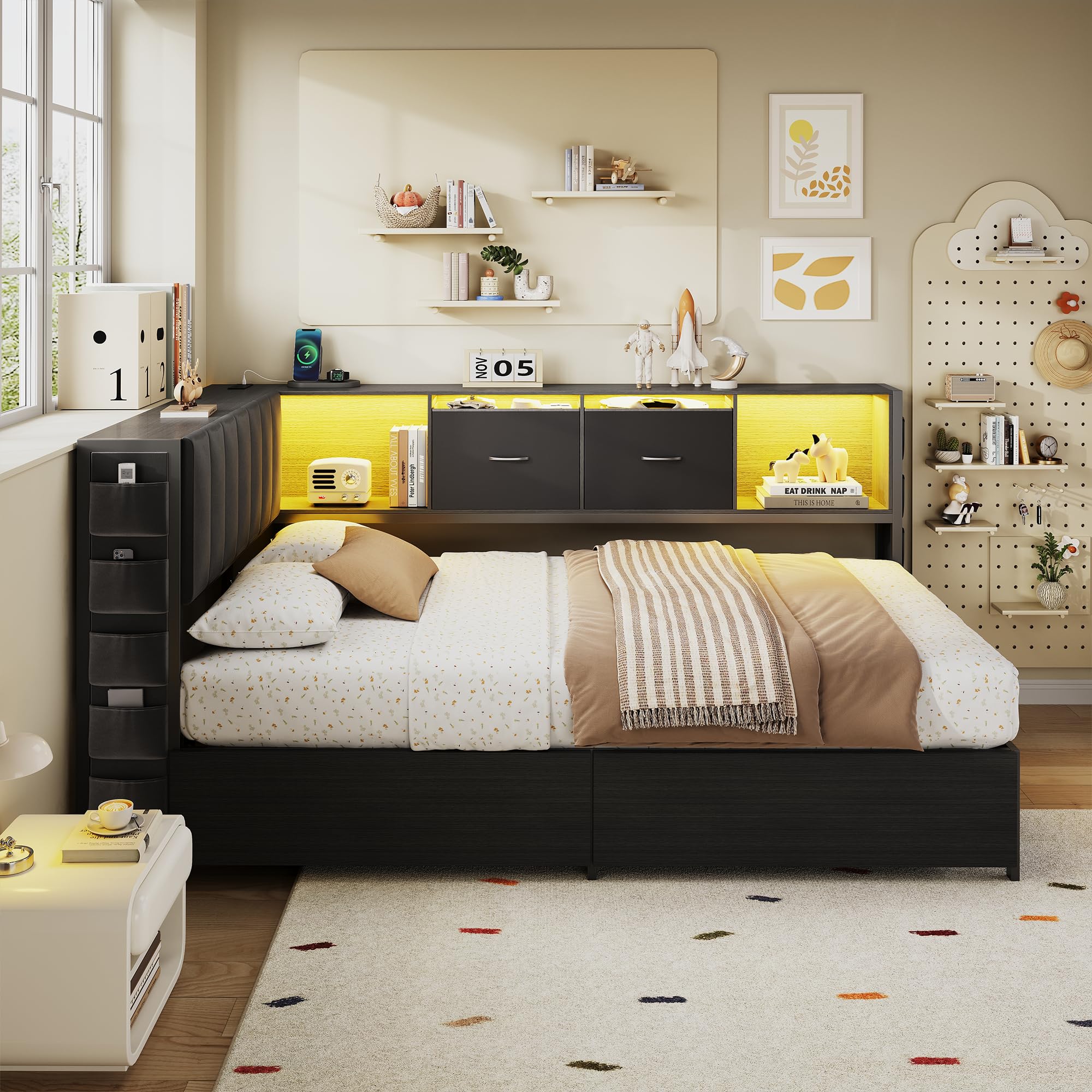L-Shaped Corner Bed Frame with Storage & LED