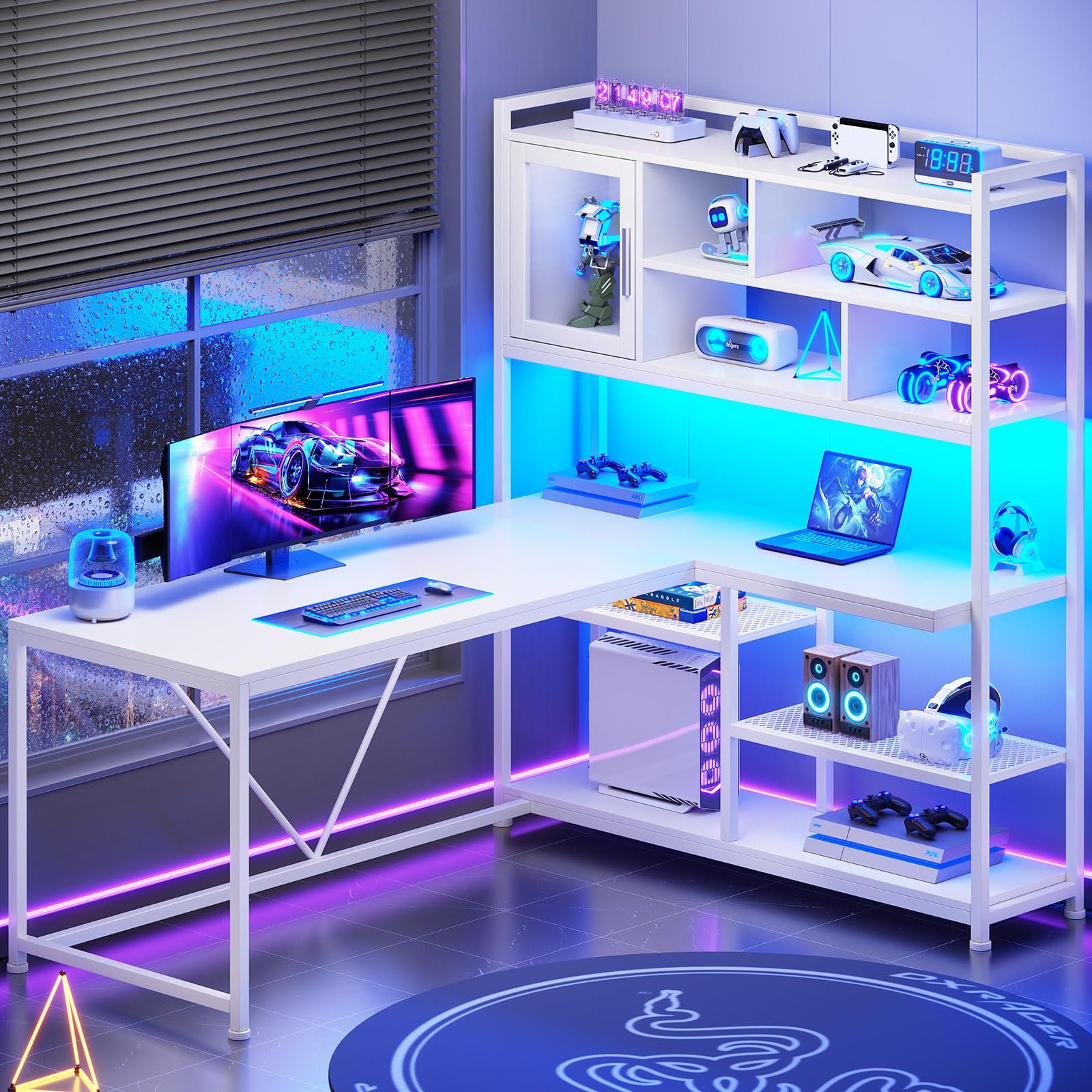 L-Shaped Desk with Bookshelf & LED Light Strips, 58"