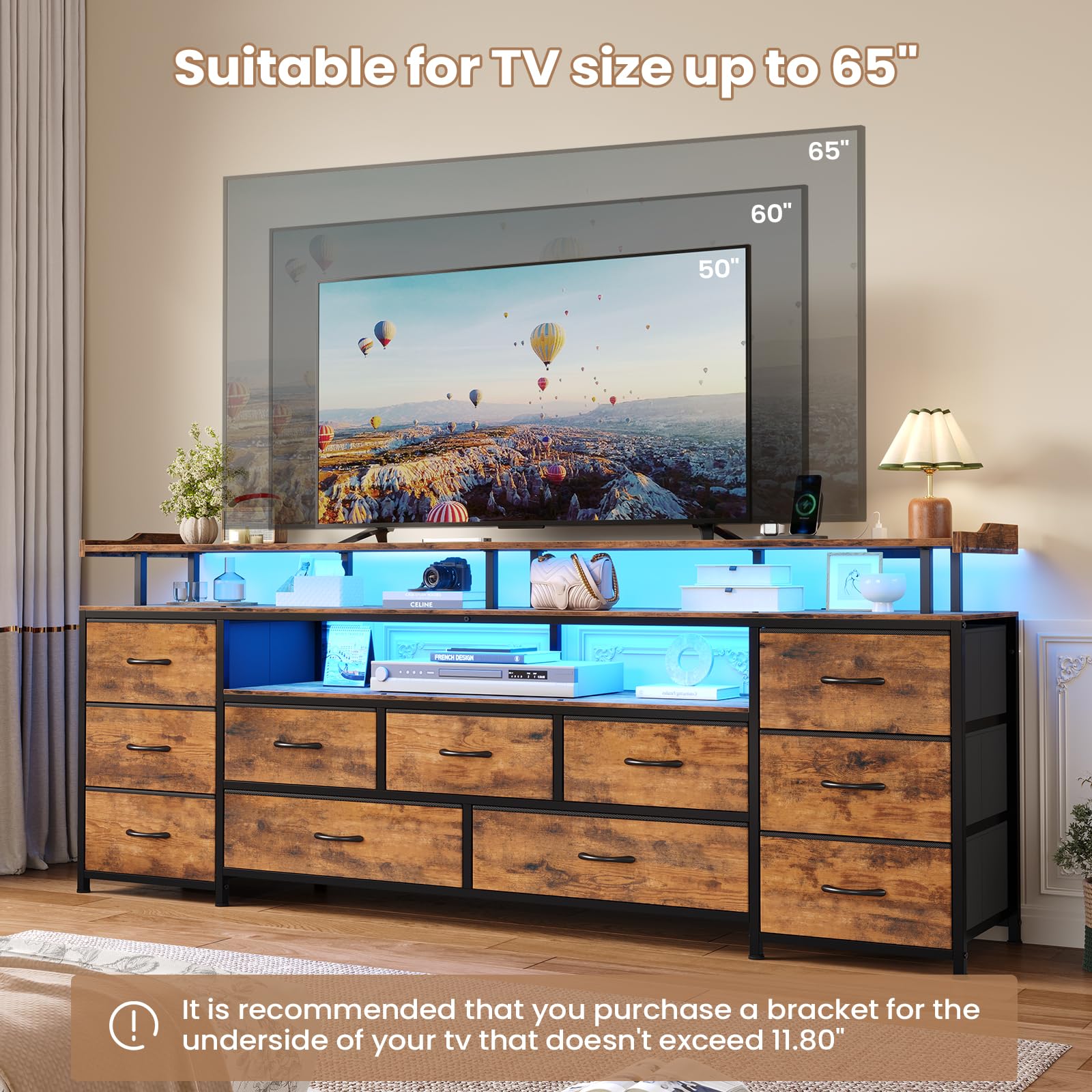 ADORNEVE TV Stand for 65 Inch TV, 63" W Large Entertainment Center with LED Lights & Charging Station, Long Dresser with 11 Fabric Drawers & Open Shelves for Bedroom,Living Room,Rustic Brown