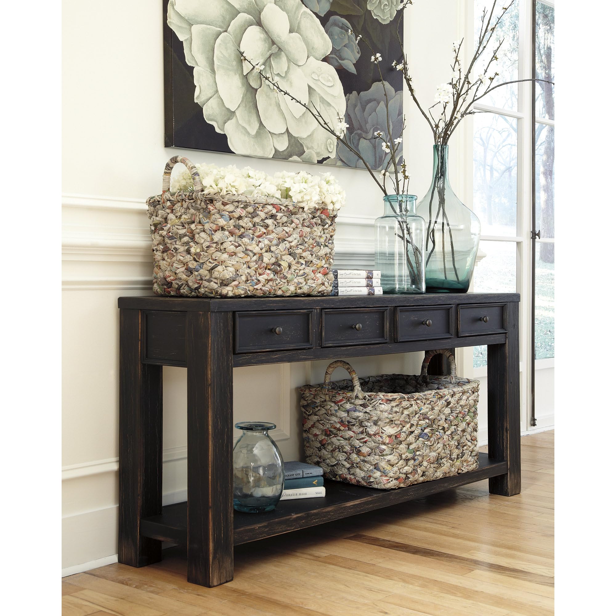 Signature Design by Ashley Gavelston Sofa Table, Couch Table with Drawers & Shelf, Hand-Finished Wood Console for Living Room or Entryway, Weathered Black