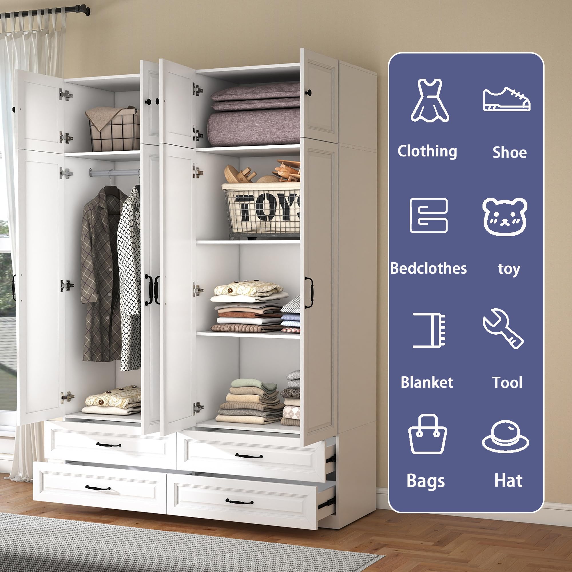 Tall Armoire Wardrobe Closet with 4 Drawers & Top Cabinet