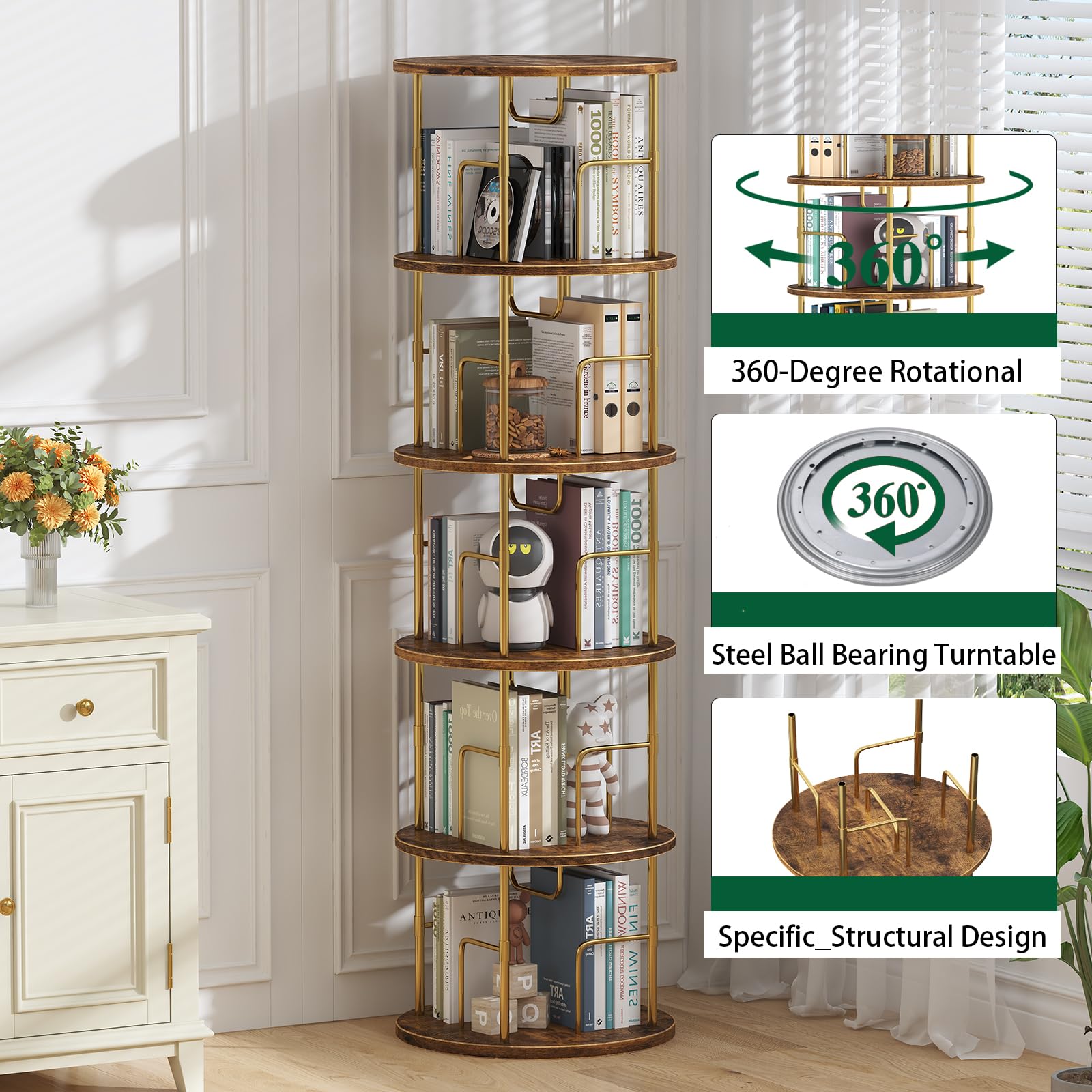 5Tier Rotating Bookshelf, 360 ° Display Stackable Spinning Bookshelf Tower,Round Space Saving Tall Floor Standing Swivel Bookcase Corner Storage Organizer for Bedroom/Living Room/Office，Gold