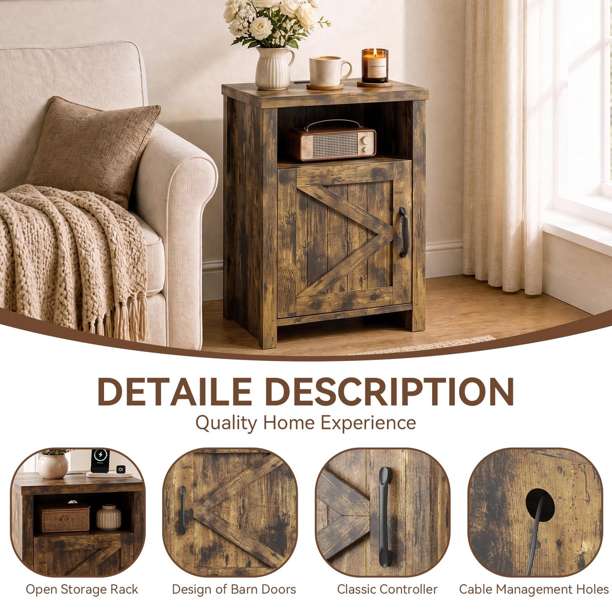 oneinmil Farmhouse Nightstand with Charging Station, Couch Side Table Set of 2, Bedside Table with Storage Space, End Tables with Barn Door, Bed Side Tables for Living Room and Bedroom, Rustic Brown