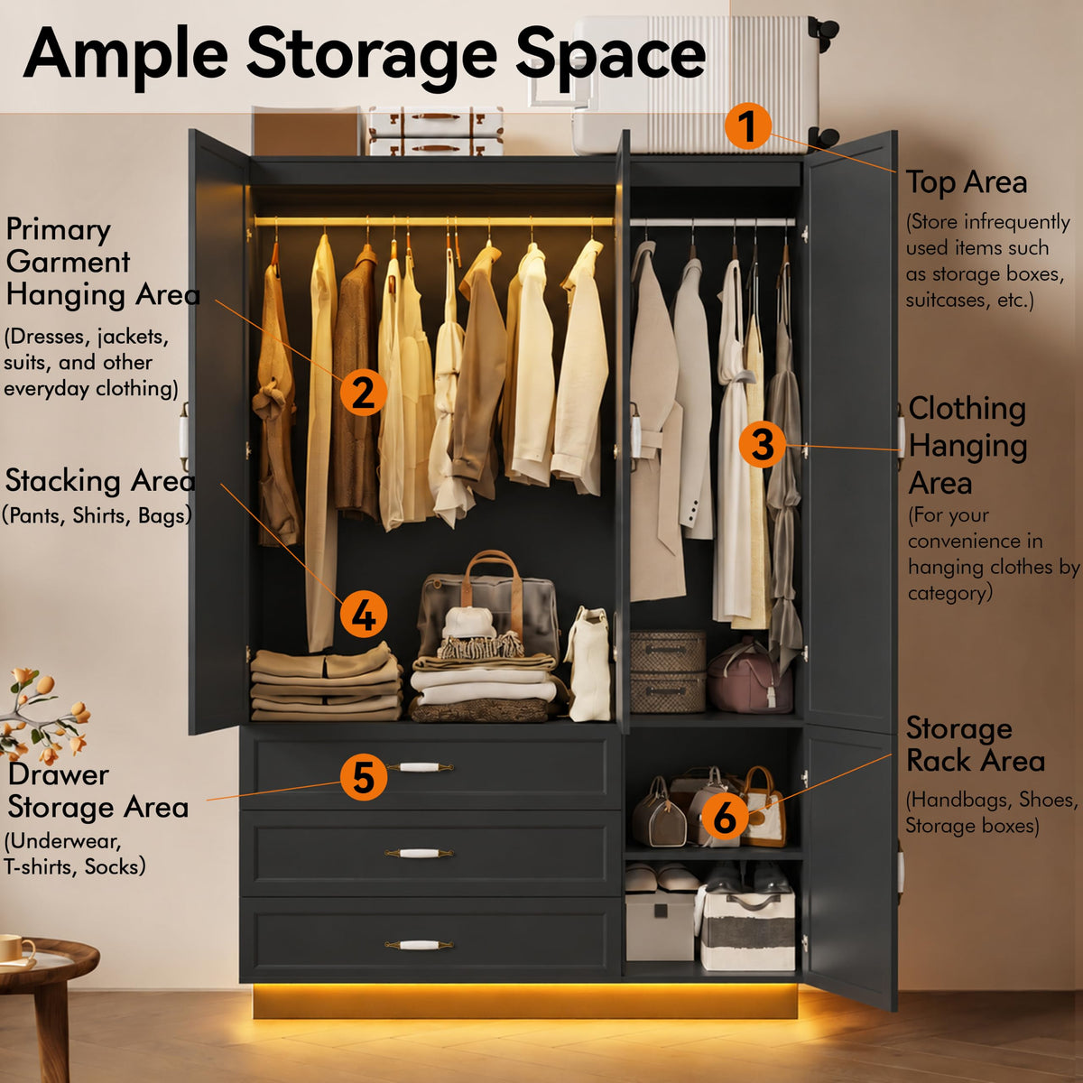 AXCIGOC 72" Wooden Armoire Wardrobe Closet with 3 Door Black Bedroom Armoire with LED Light 3 Drawers Large Modern Wardrobe Cabinet with Retro Ceramic Door Handles and Removable Hanging Rod
