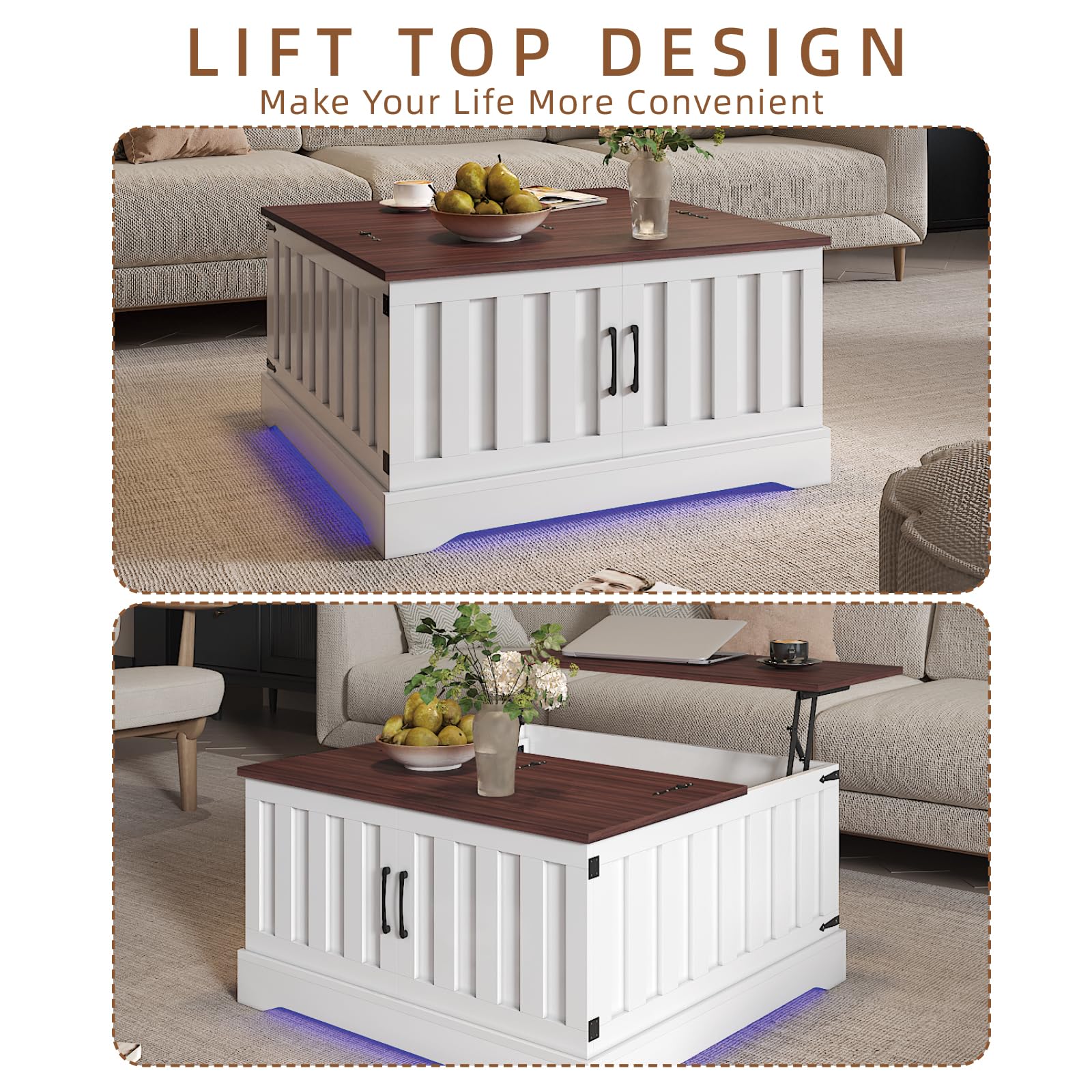 HedoAjim 31.5" Lift Top Coffee Table with Storage, Led Square White Coffee Table with Large Hidden Storage, Wood Living Room Table Center Table for Living Room Dining Reception Room