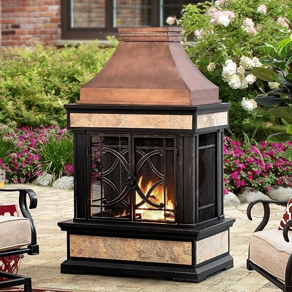 Outdoor Wood-Burning Fireplace with Chimney & Ceramic Tile